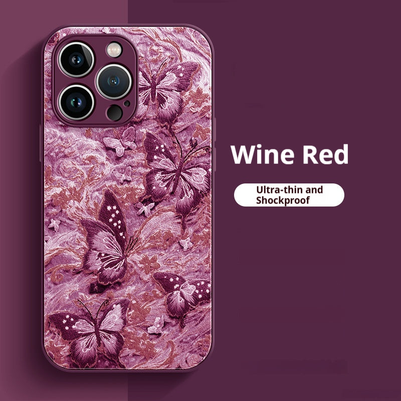Embroidered butterfly lambskin shockproof Apple phone case
