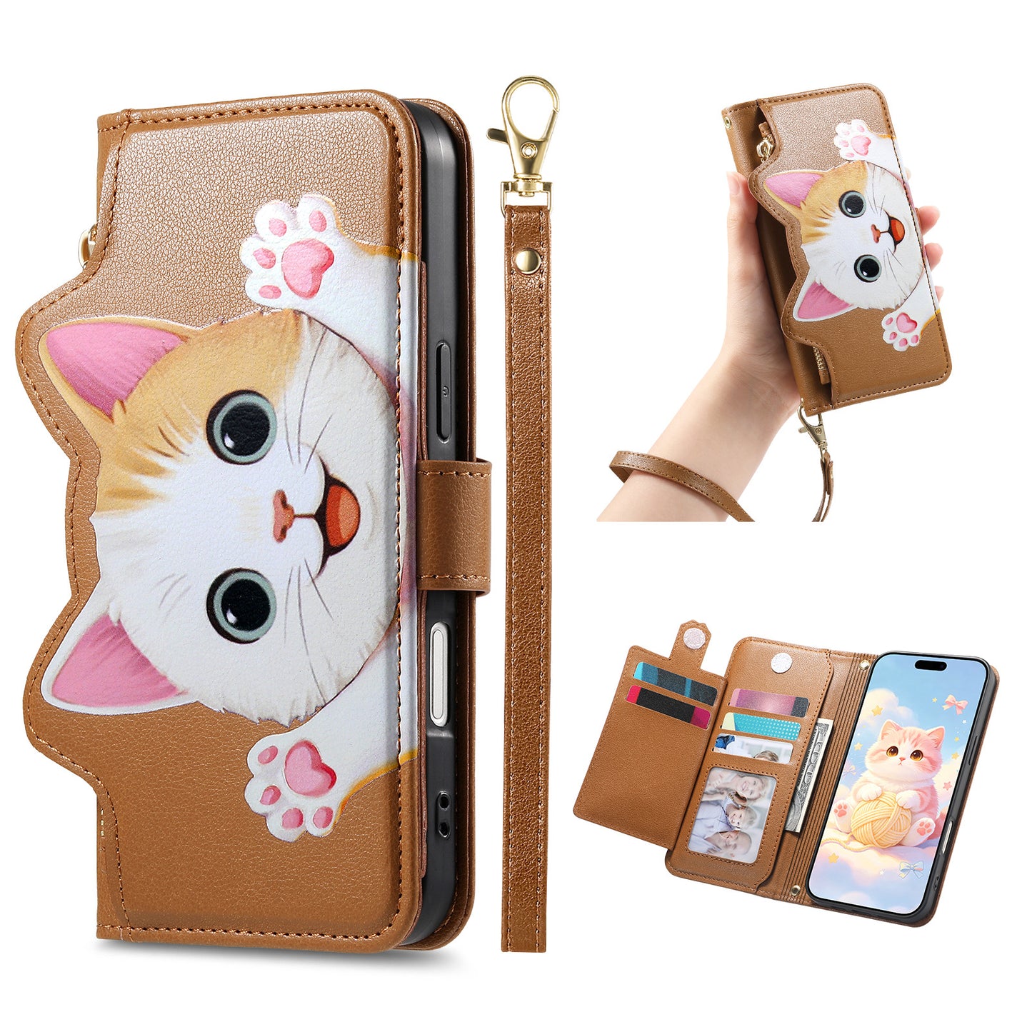 Cat and dog style flip phone case with short lanyard for Samsung phones