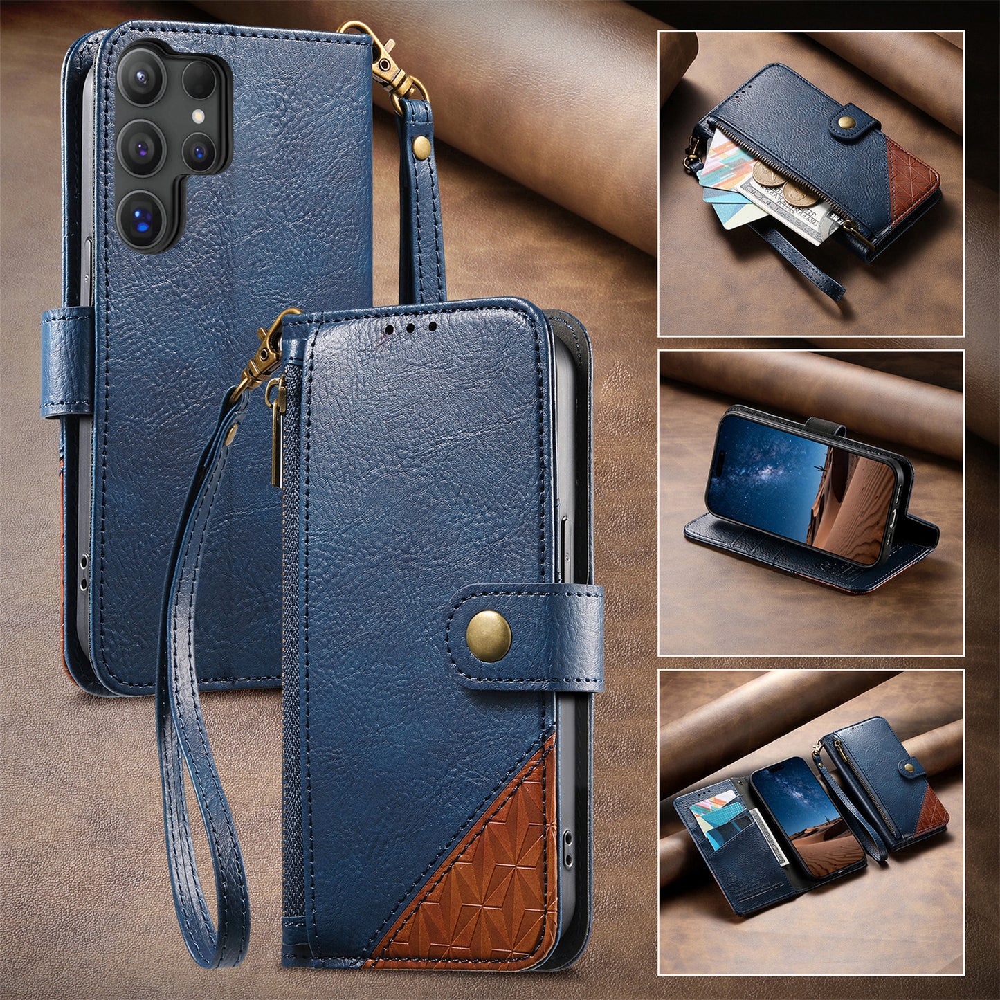 Business color-blocked leather Samsung phone case