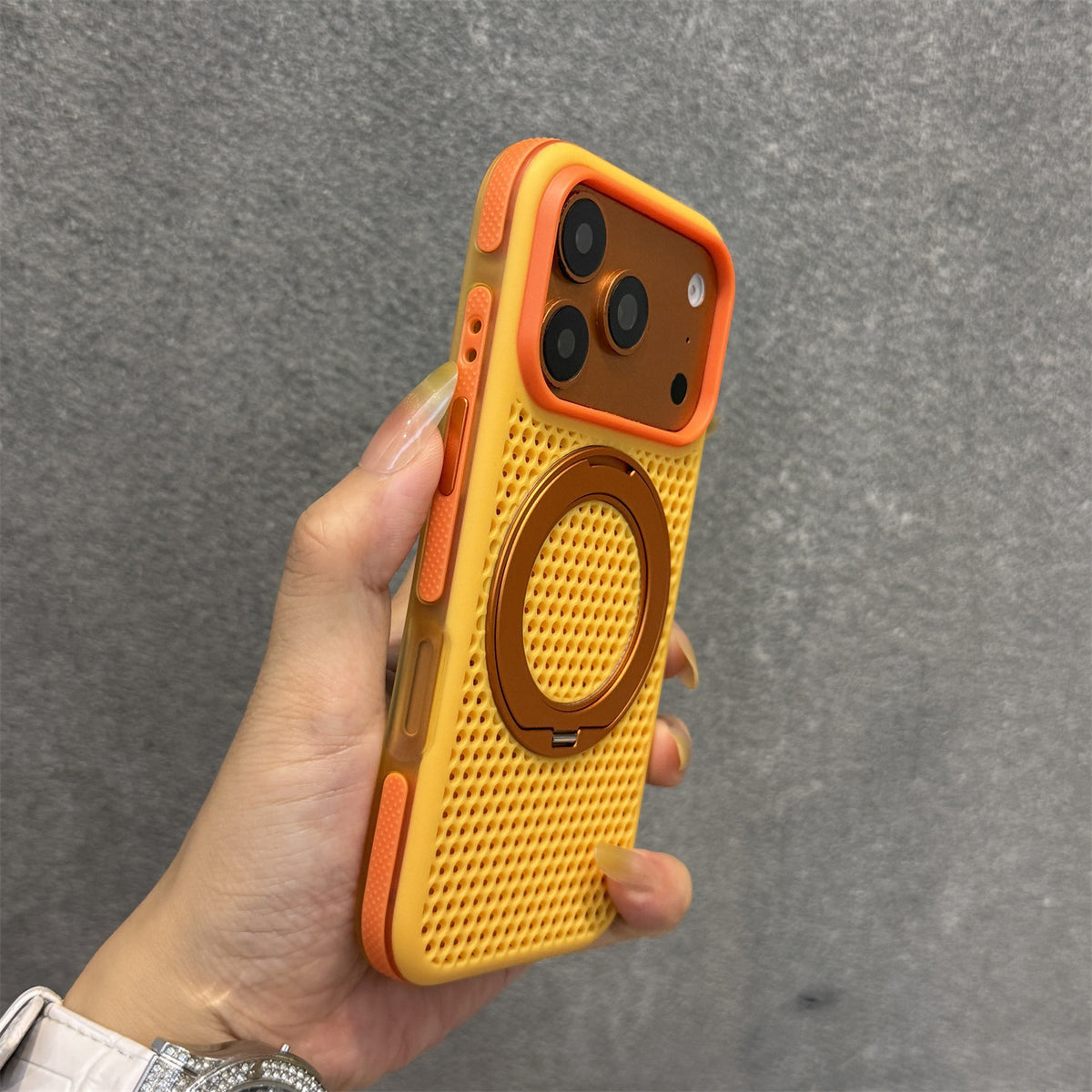 Skin-feel magnetic stand phone case for iPhone with a color-block honeycomb design