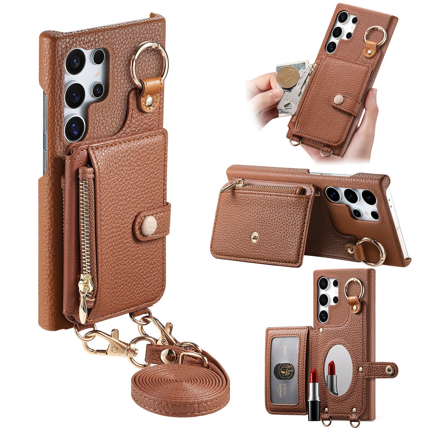 Leather built-in mirror anti-drop card Samsung mobile phone case