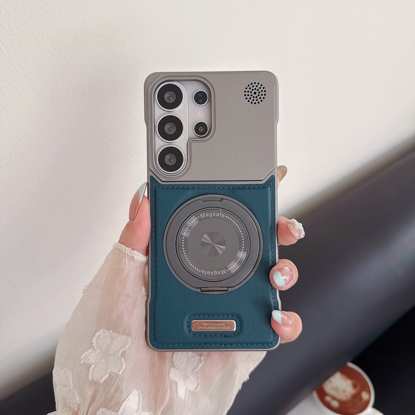 Frameless leather textured magnetic rotating stand Samsung phone case