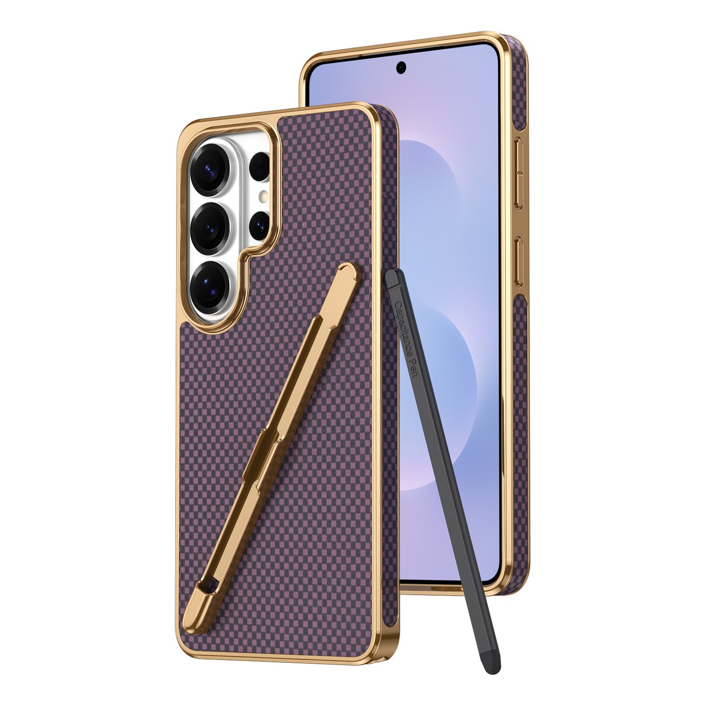 Electroplated Kevlar-pattern Samsung phone case with stylus slot
