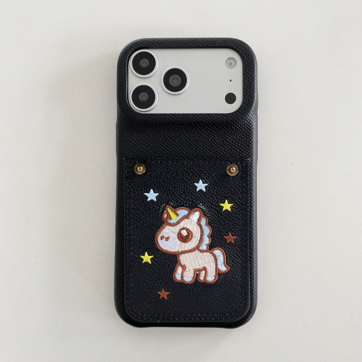 Embroidered Pony Faux Leather Card-Slot iPhone Case