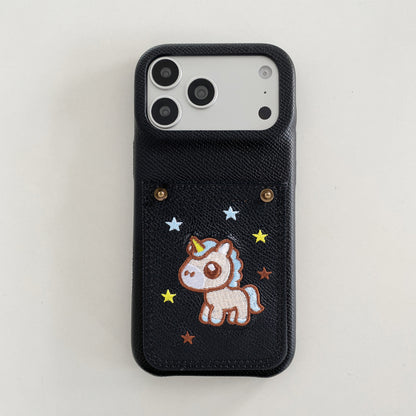 Embroidered Pony Faux Leather Card-Slot iPhone Case