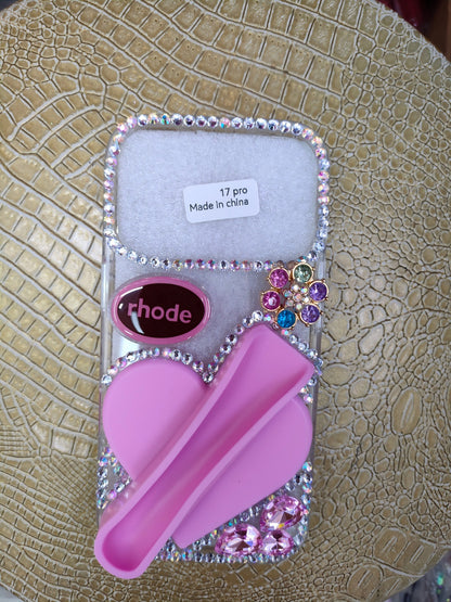 Creative Rhinestone-Embellished Silicone iPhone Case with Heart and Lipstick Design