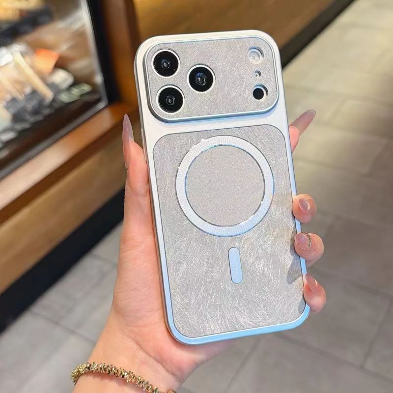 Feather-textured magnetic large-window Apple phone case