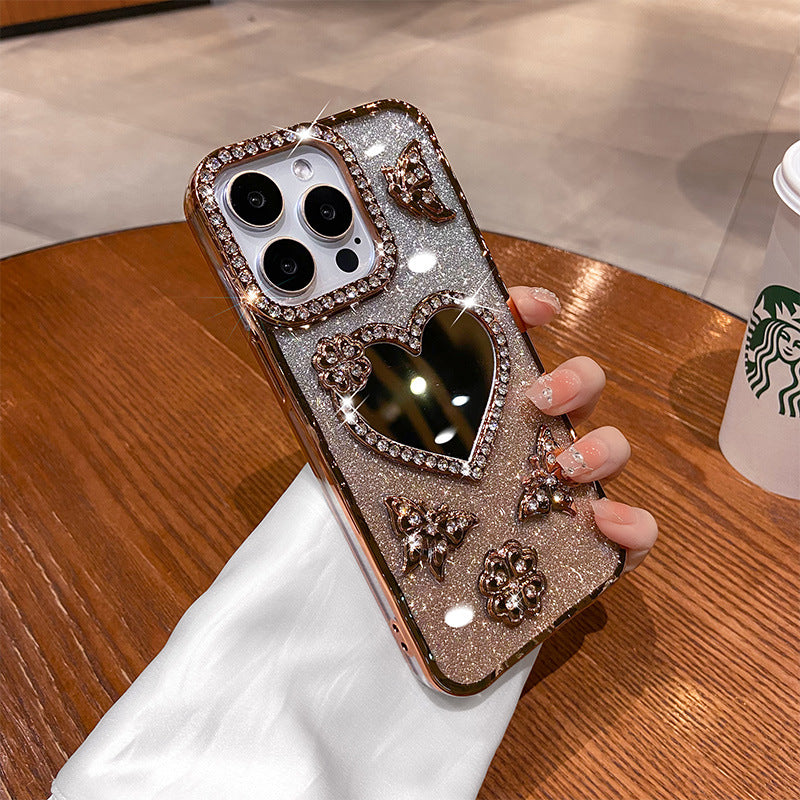 Electroplated rhinestone heart mirror iPhone case