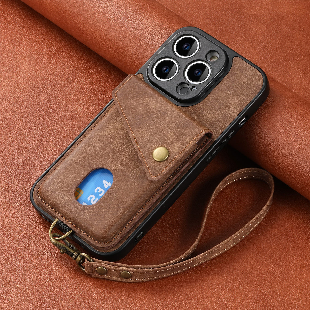 Solid-color, skin-feel leather iPhone case with lanyard and magnetic car mount attachment.