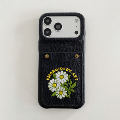 Embroidered Floral Faux Leather Card-Holder iPhone Case