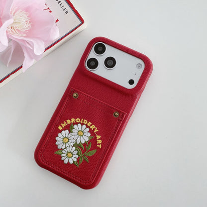 Embroidered Floral Faux Leather Card-Holder iPhone Case