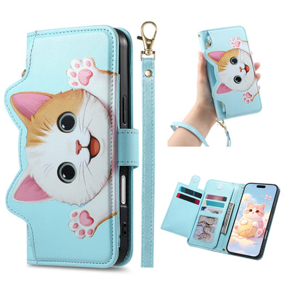 Cat and dog style flip phone case with short lanyard for Samsung phones