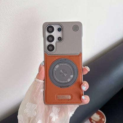 Frameless leather textured magnetic rotating stand Samsung phone case