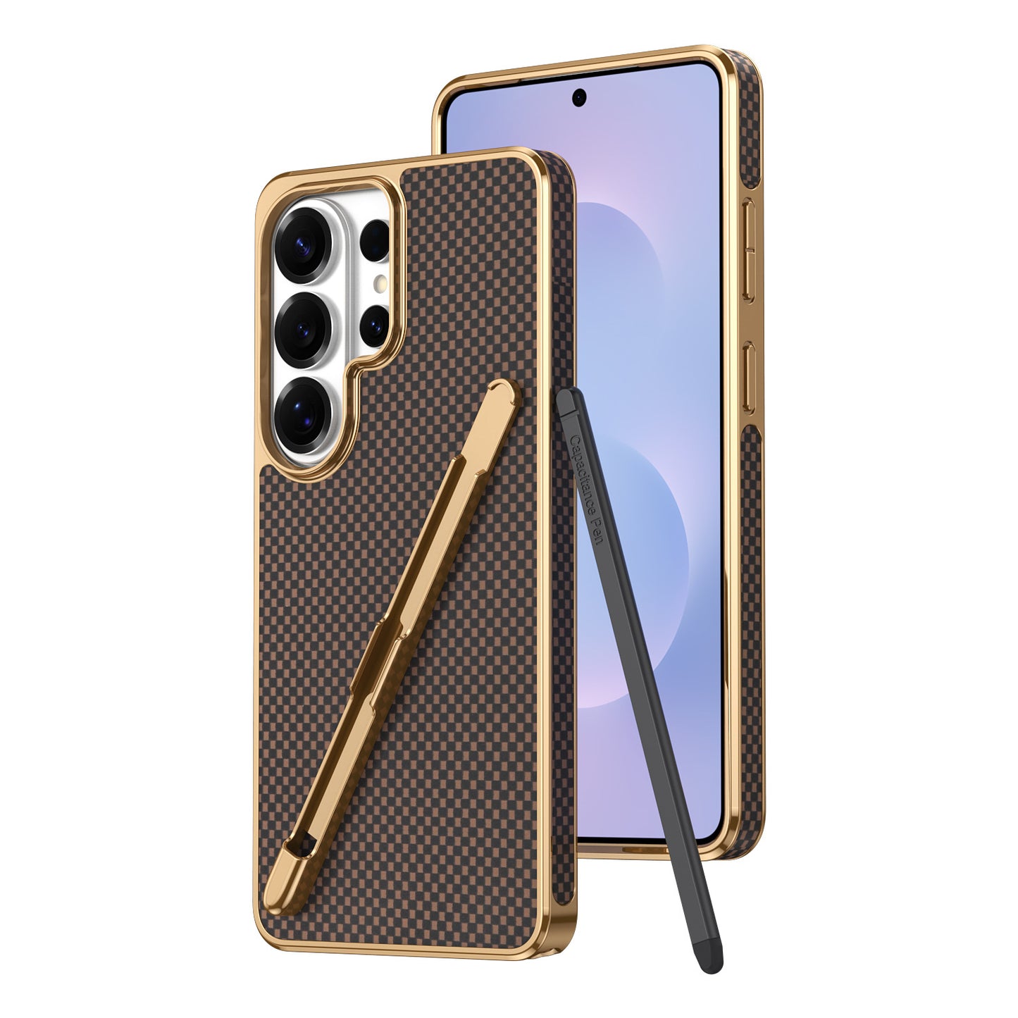 Electroplated Kevlar-pattern Samsung phone case with stylus slot