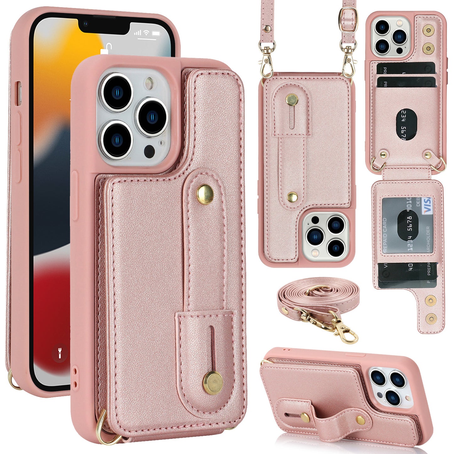 Crossbody long rope wrist strap stand leather case Apple phone case