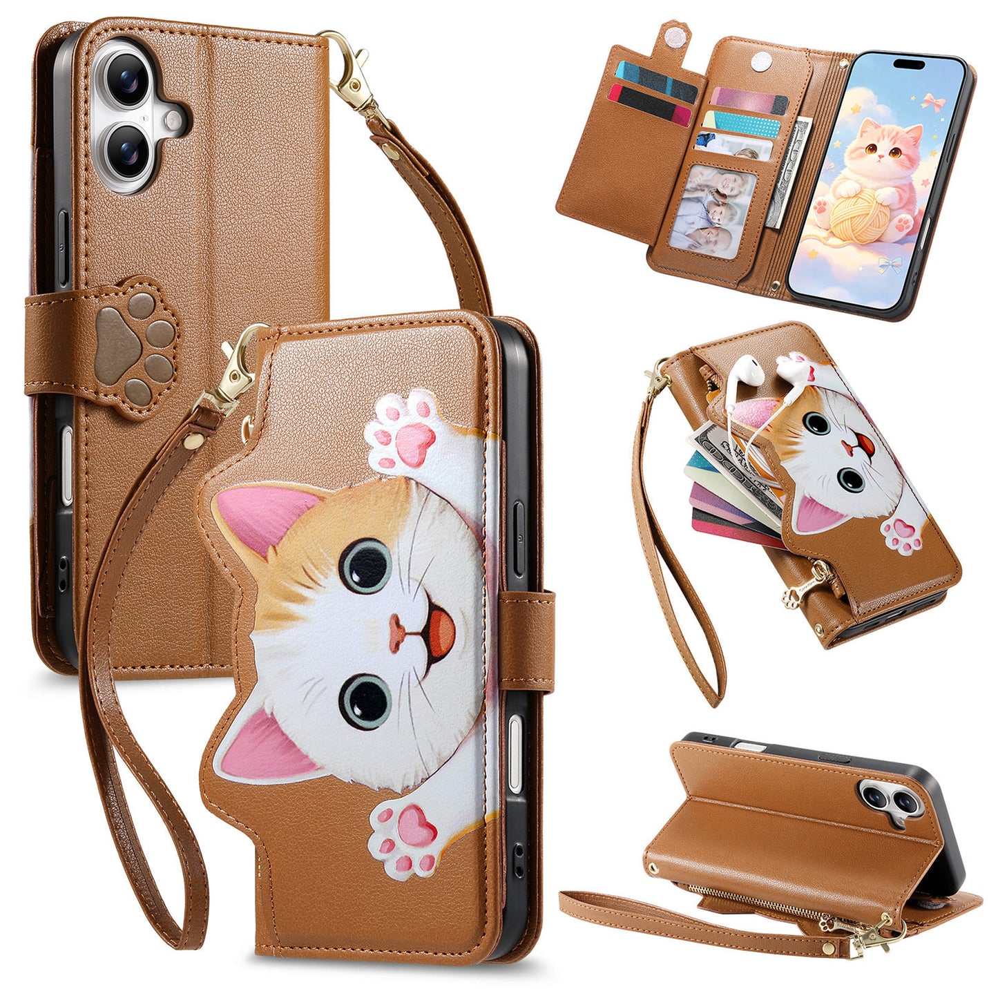 Cat and dog style flip phone case with short lanyard