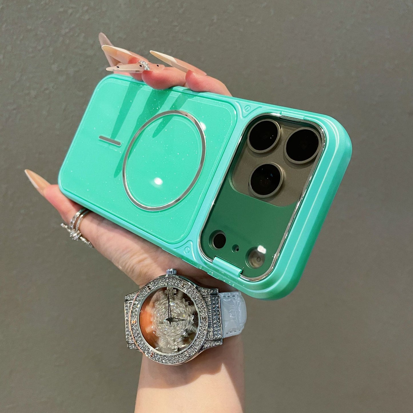 Flip-style lens holder glitter magnetic Apple phone case