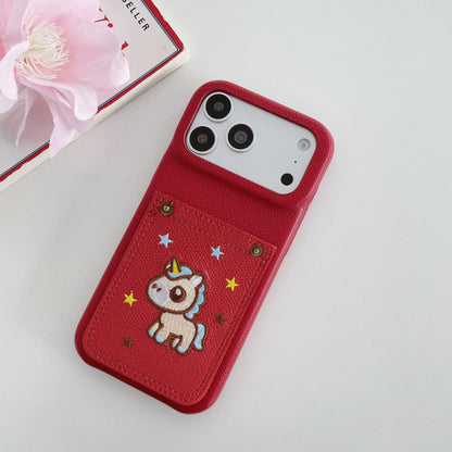 Embroidered Pony Faux Leather Card-Slot iPhone Case