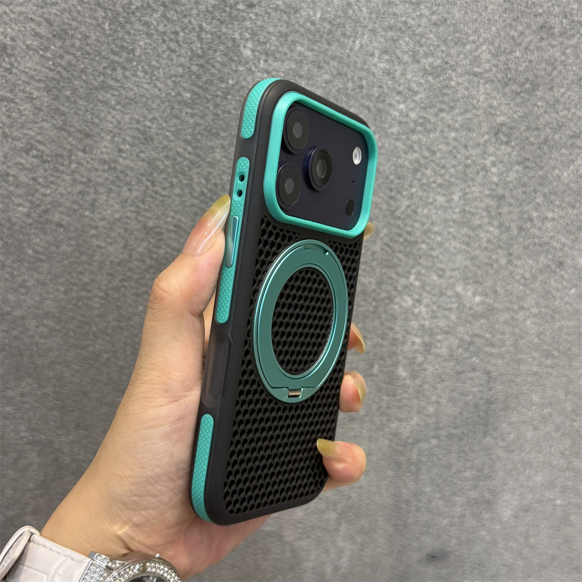Skin-feel magnetic stand phone case for iPhone with a color-block honeycomb design