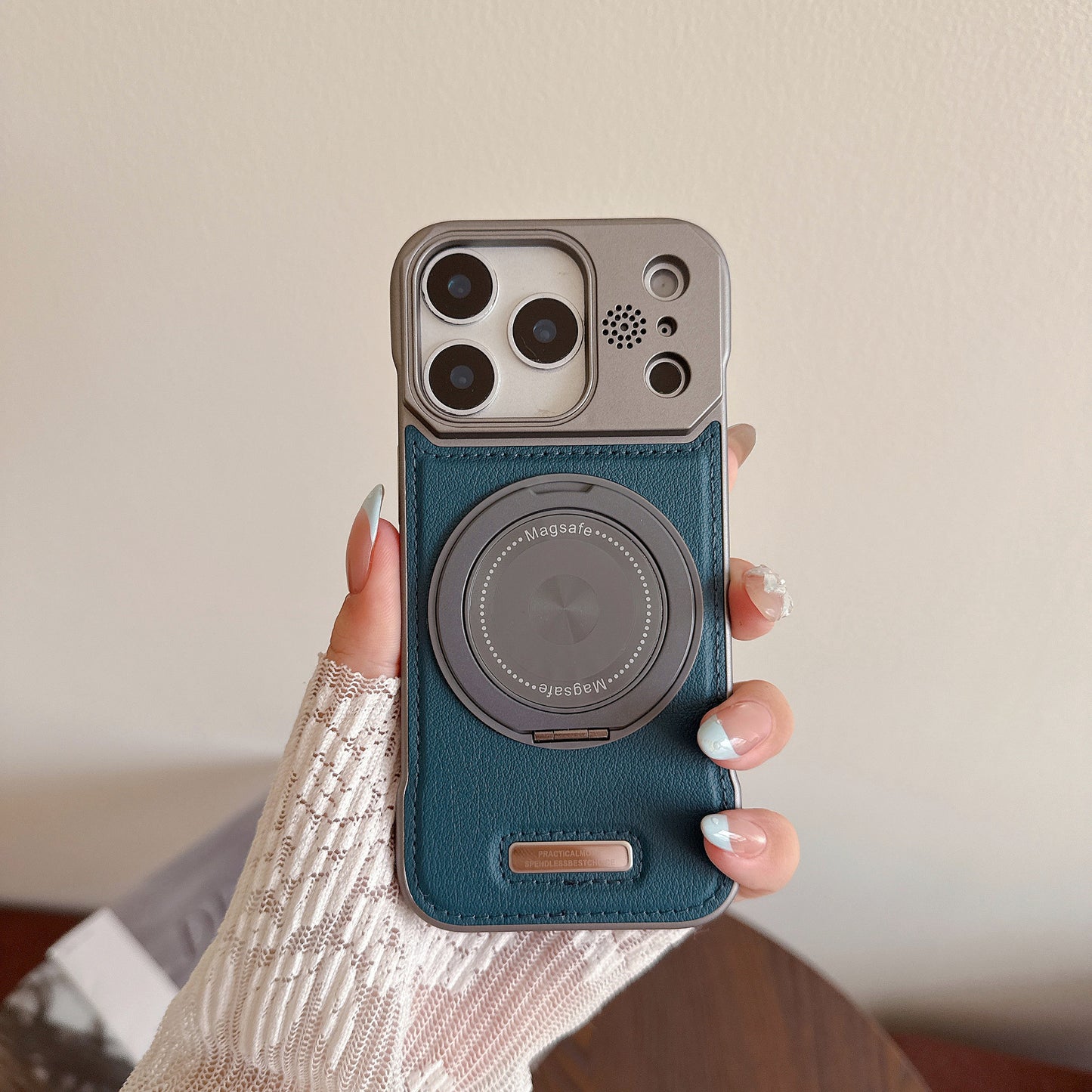 Frameless leather textured magnetic rotating stand Apple phone case