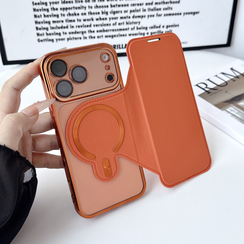 Electroplated flip case with card slot and magnetic closure for Apple iPhone
