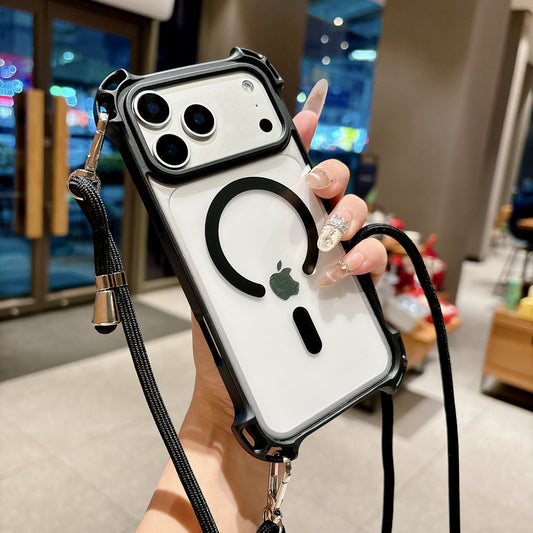 Magnetic detachable crossbody strap Apple phone case with four corners for shock protection