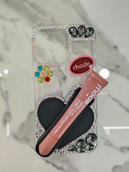 Creative Rhinestone-Embellished Silicone iPhone Case with Heart and Lipstick Design