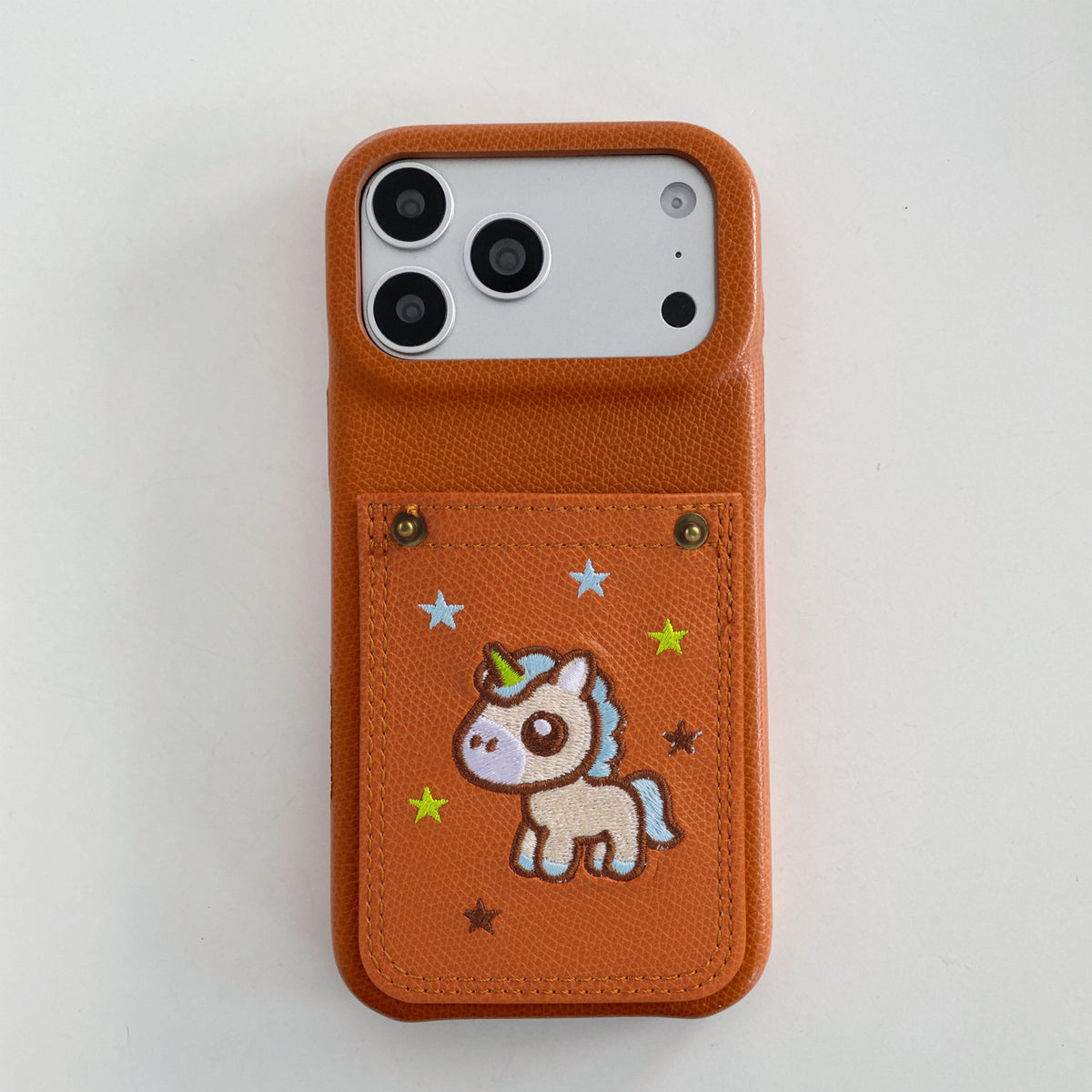 Embroidered Pony Faux Leather Card-Slot iPhone Case