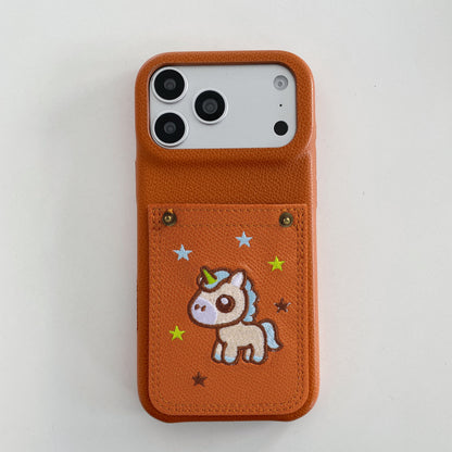 Embroidered Pony Faux Leather Card-Slot iPhone Case