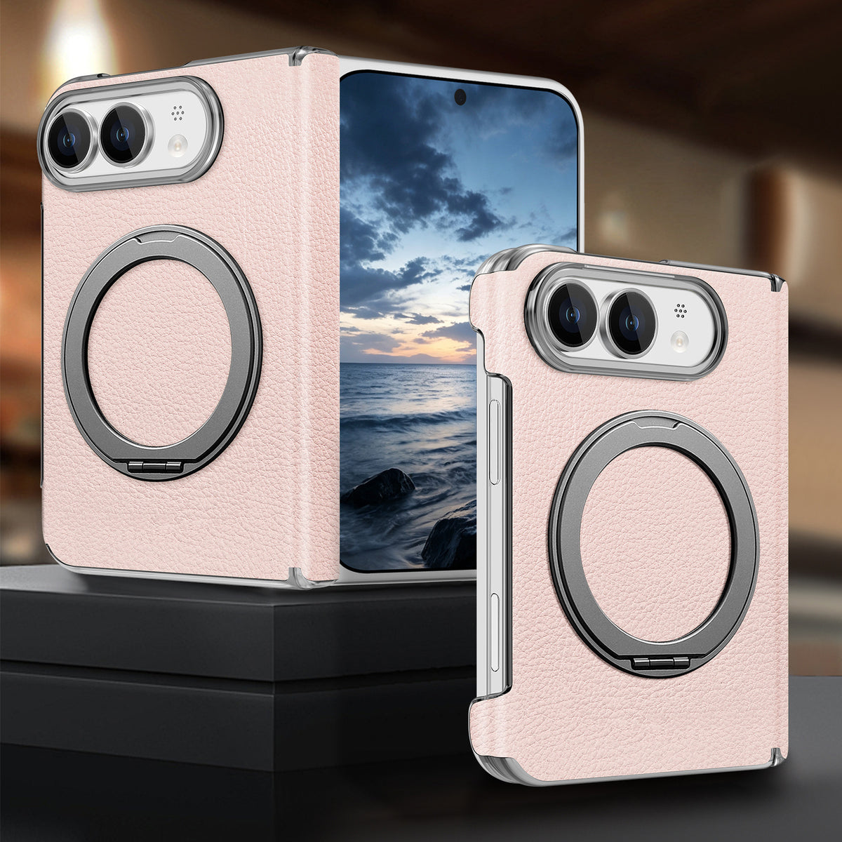 Korean style vegan leather magnetic rotating stand iPhone Duo phone case