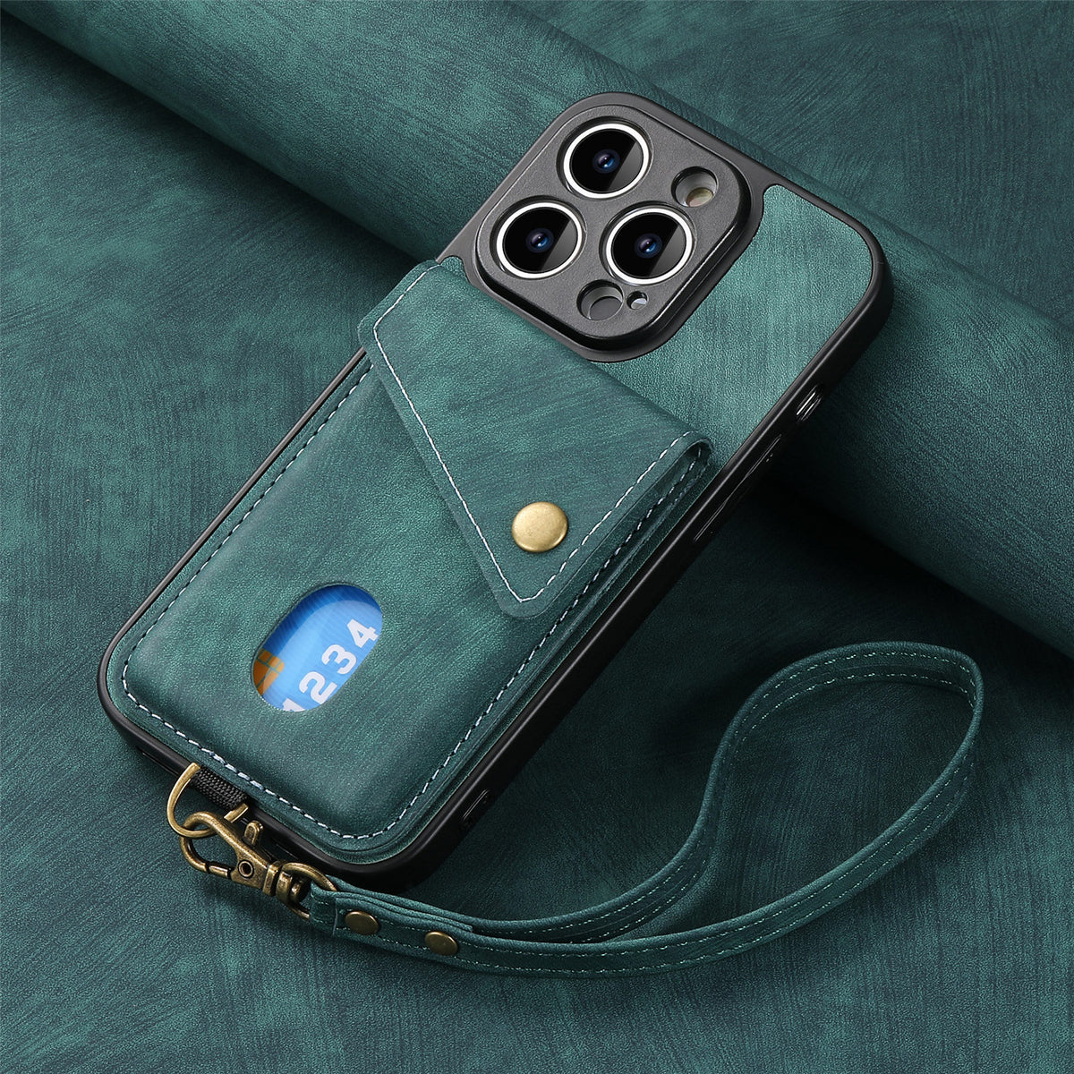 Solid-color, skin-feel leather iPhone case with lanyard and magnetic car mount attachment.