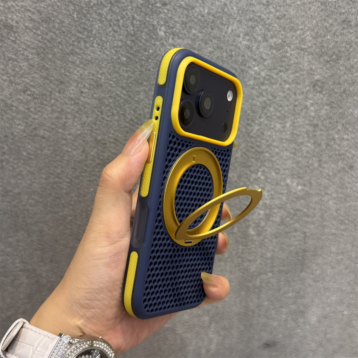 Skin-feel magnetic stand phone case for iPhone with a color-block honeycomb design