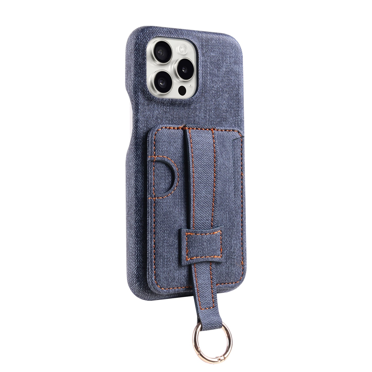 Denim-textured iPhone case with wrist strap and ring holder