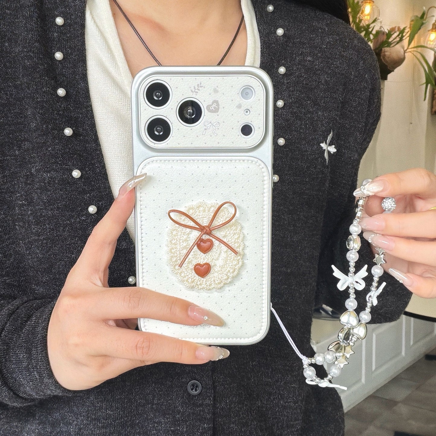 Polka dot lace bow Apple phone case