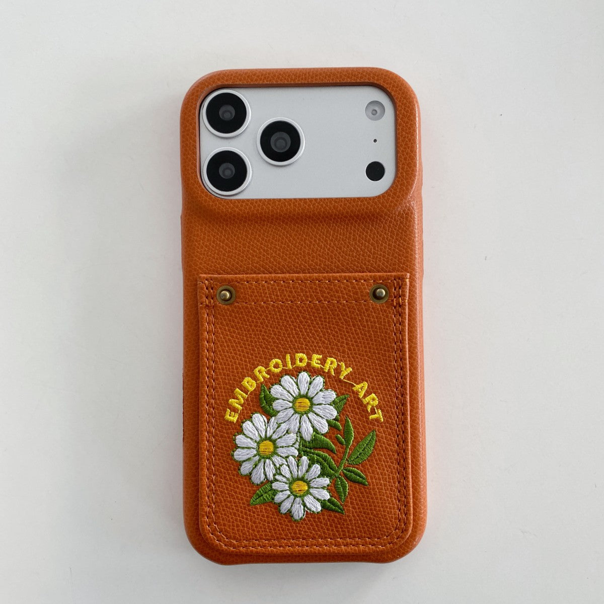 Embroidered Floral Faux Leather Card-Holder iPhone Case
