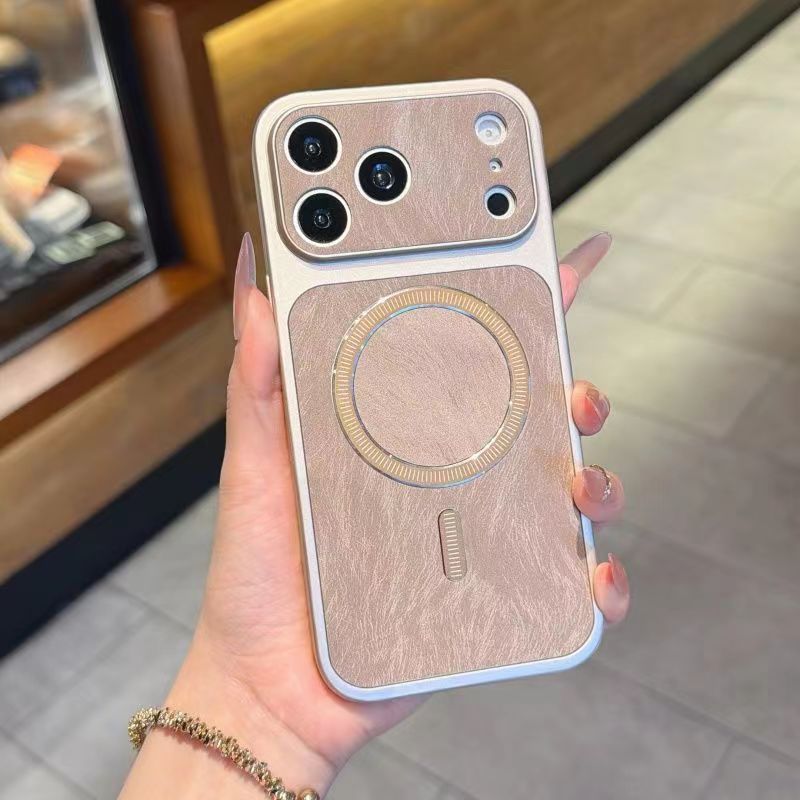 Feather-textured magnetic large-window Apple phone case