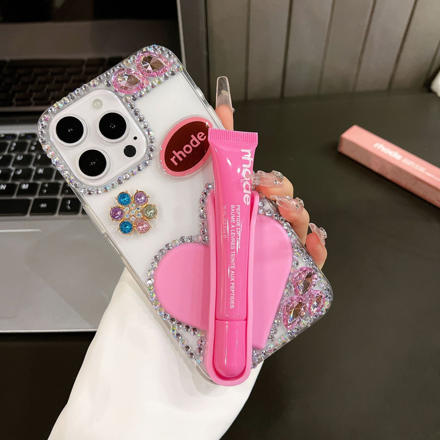 Creative Rhinestone-Embellished Silicone iPhone Case with Heart and Lipstick Design