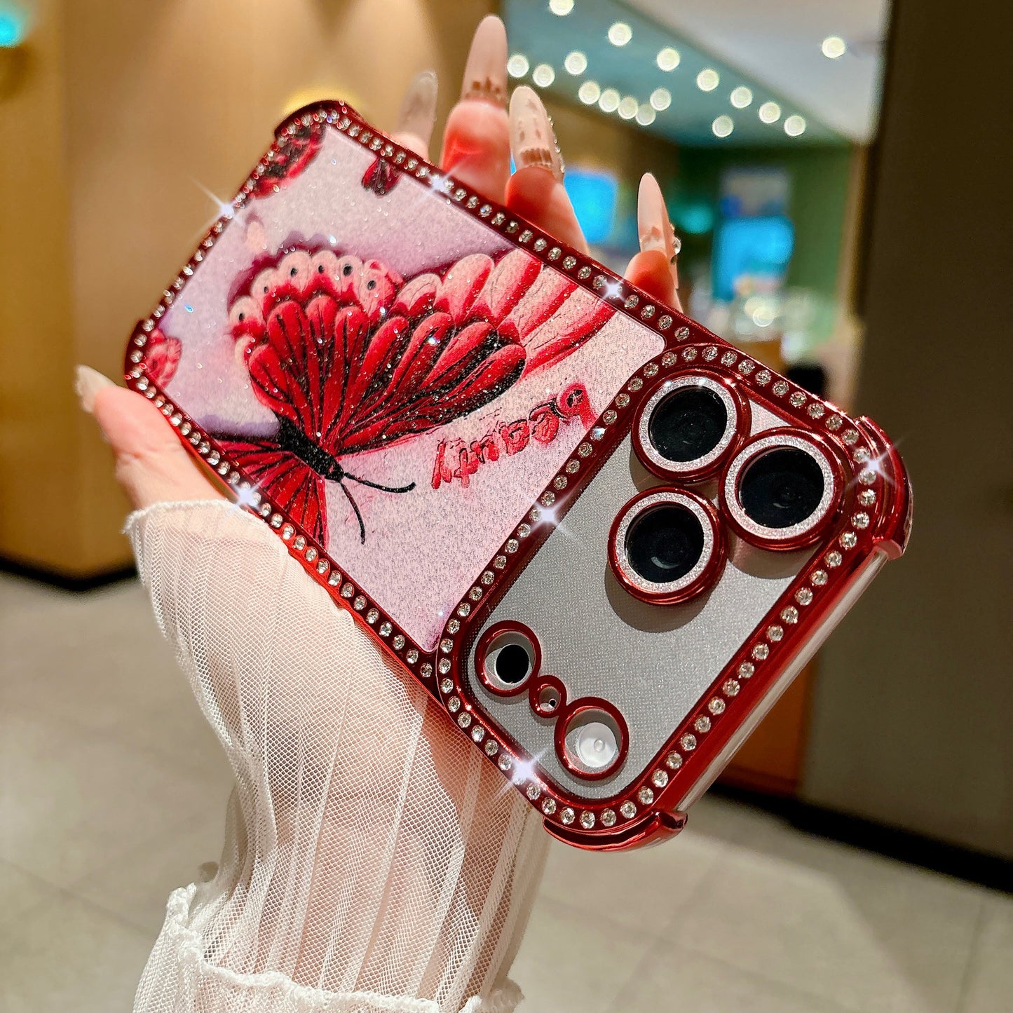 Butterfly glitter rhinestone-encrusted drop-proof Apple phone case
