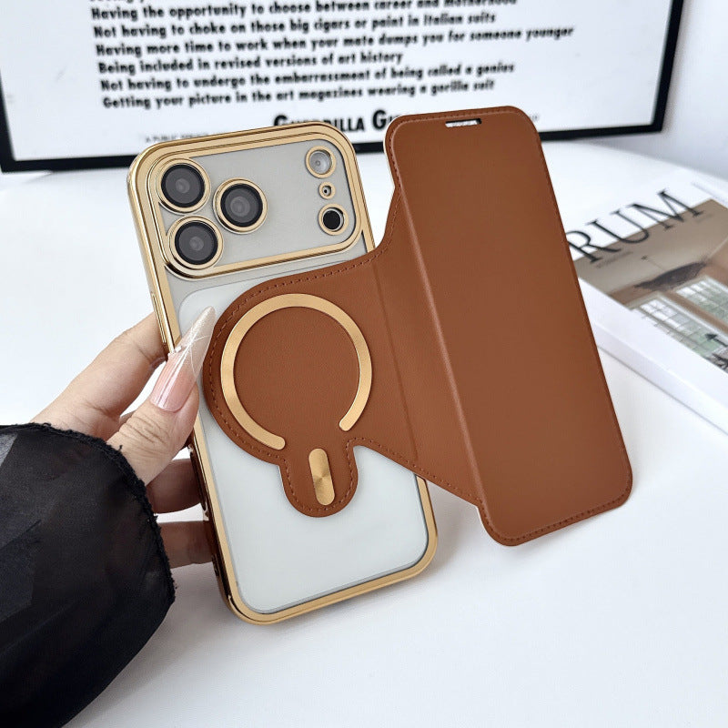 Electroplated flip case with card slot and magnetic closure for Apple iPhone