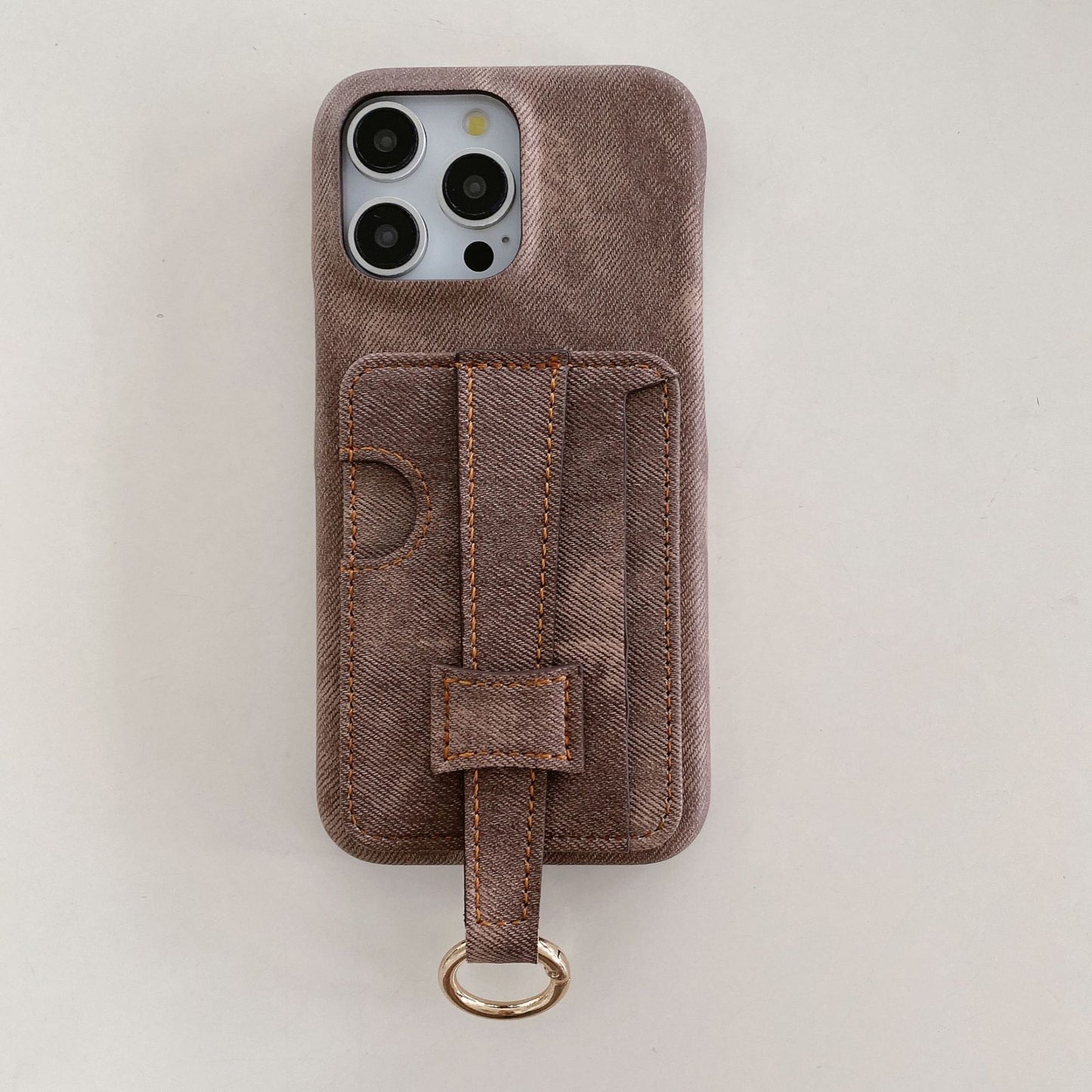 Denim-textured iPhone case with wrist strap and ring holder