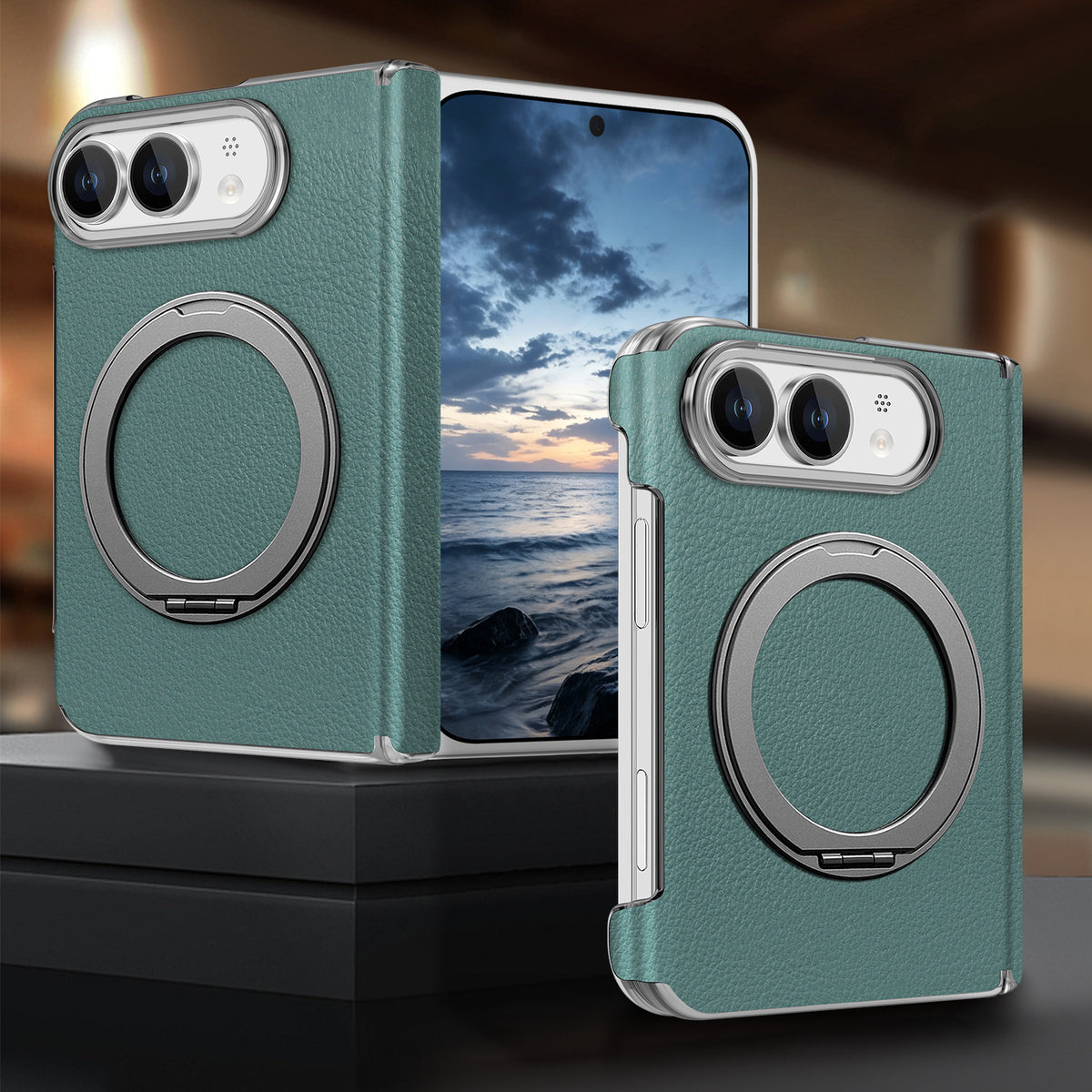 Korean style vegan leather magnetic rotating stand iPhone Duo phone case