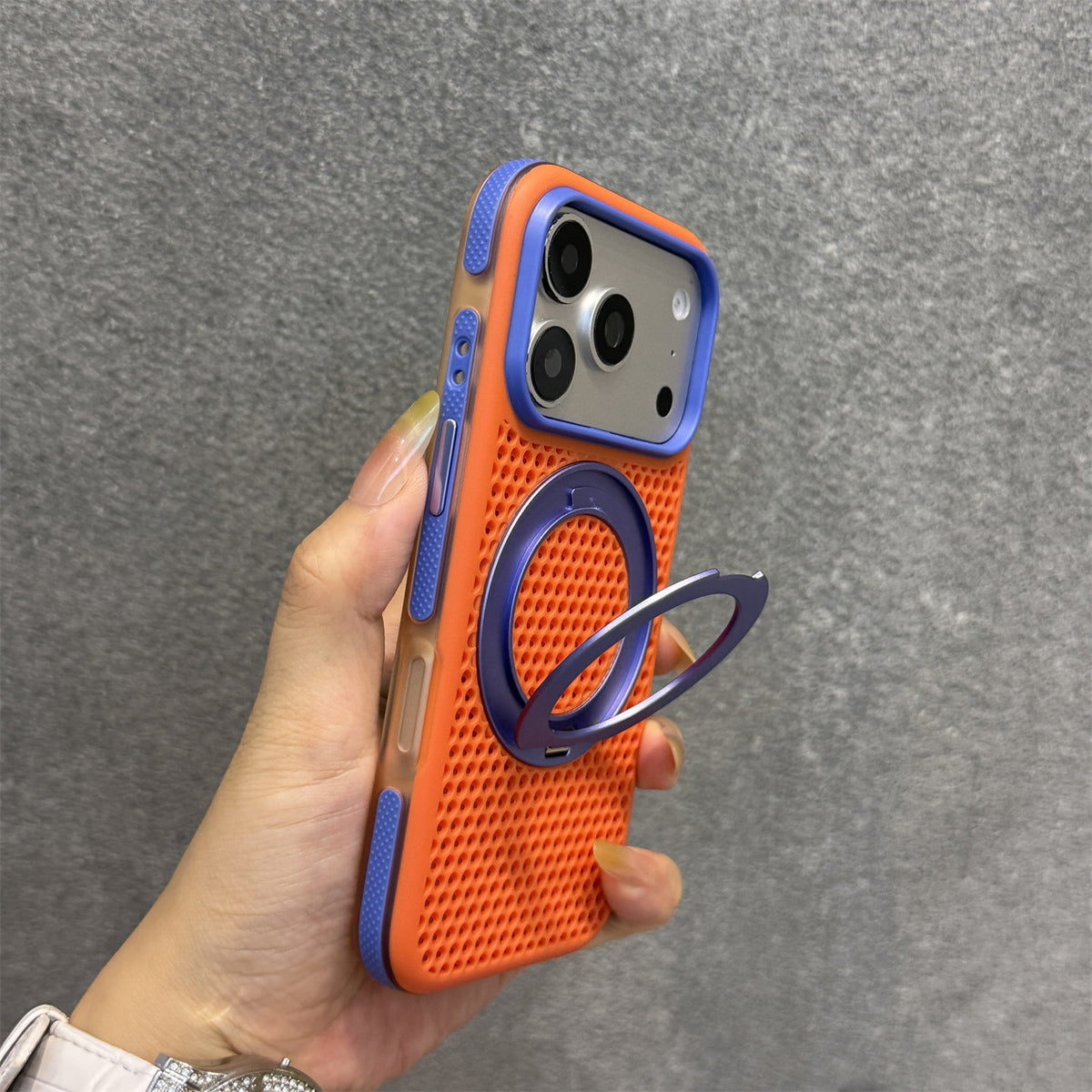 Skin-feel magnetic stand phone case for iPhone with a color-block honeycomb design