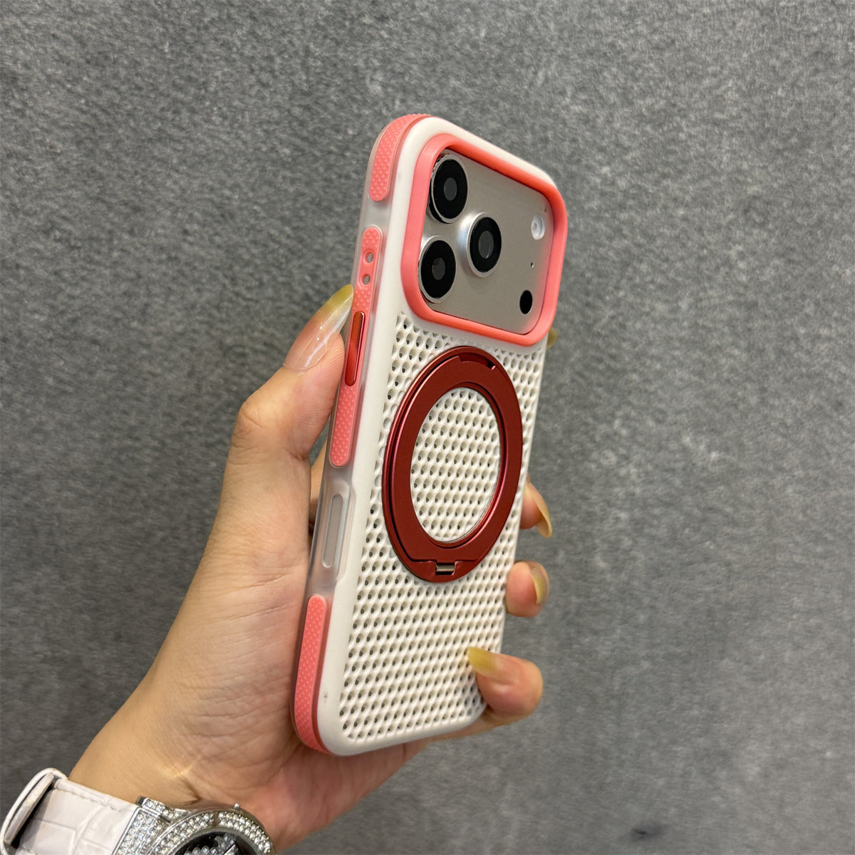 Skin-feel magnetic stand phone case for iPhone with a color-block honeycomb design