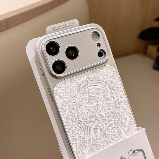 Lychee-patterned veneer magnetic large window Apple phone case