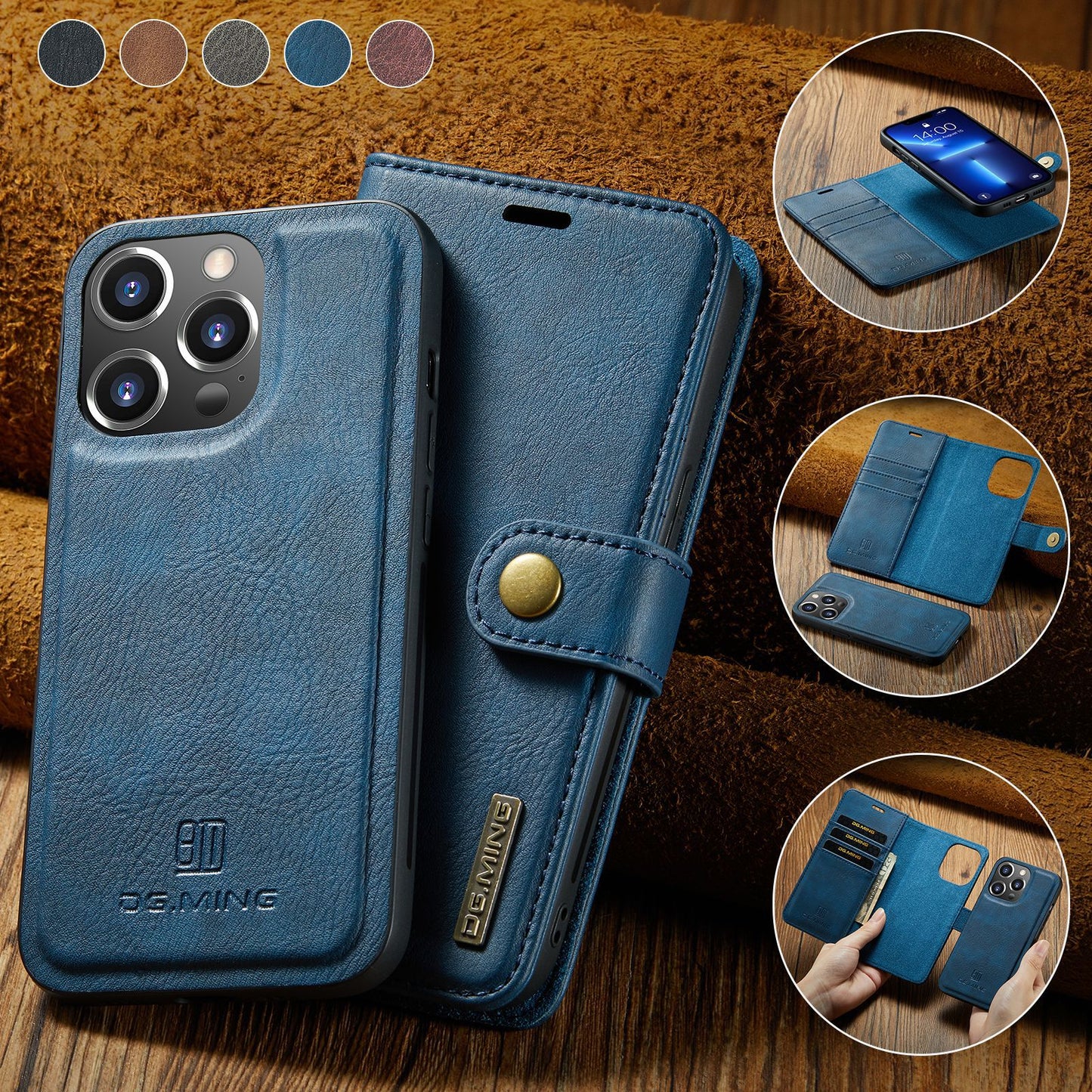 2-in-1 wallet with strong magnetic detachable leather Apple phone case