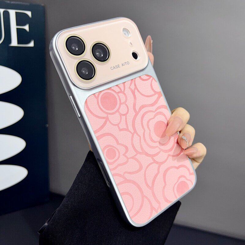 Camellia-patterned leather-textured large-window Apple phone case