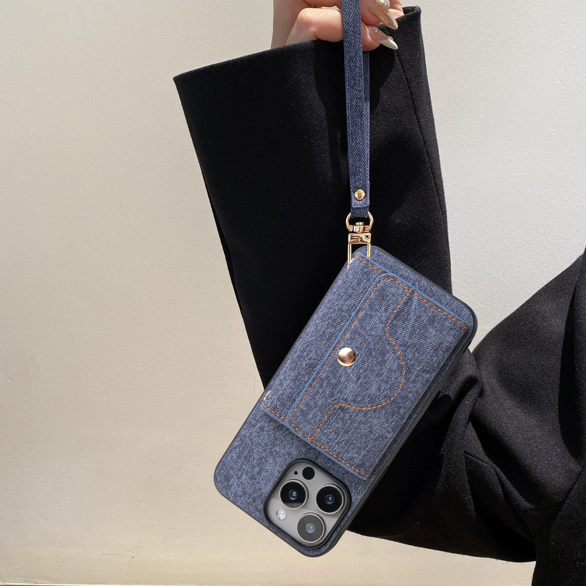 Denim-textured wristband card holder Apple phone case