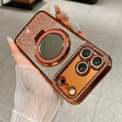 Glittered Rhinestone Makeup Mirror Magnetic Stand Apple Phone Case