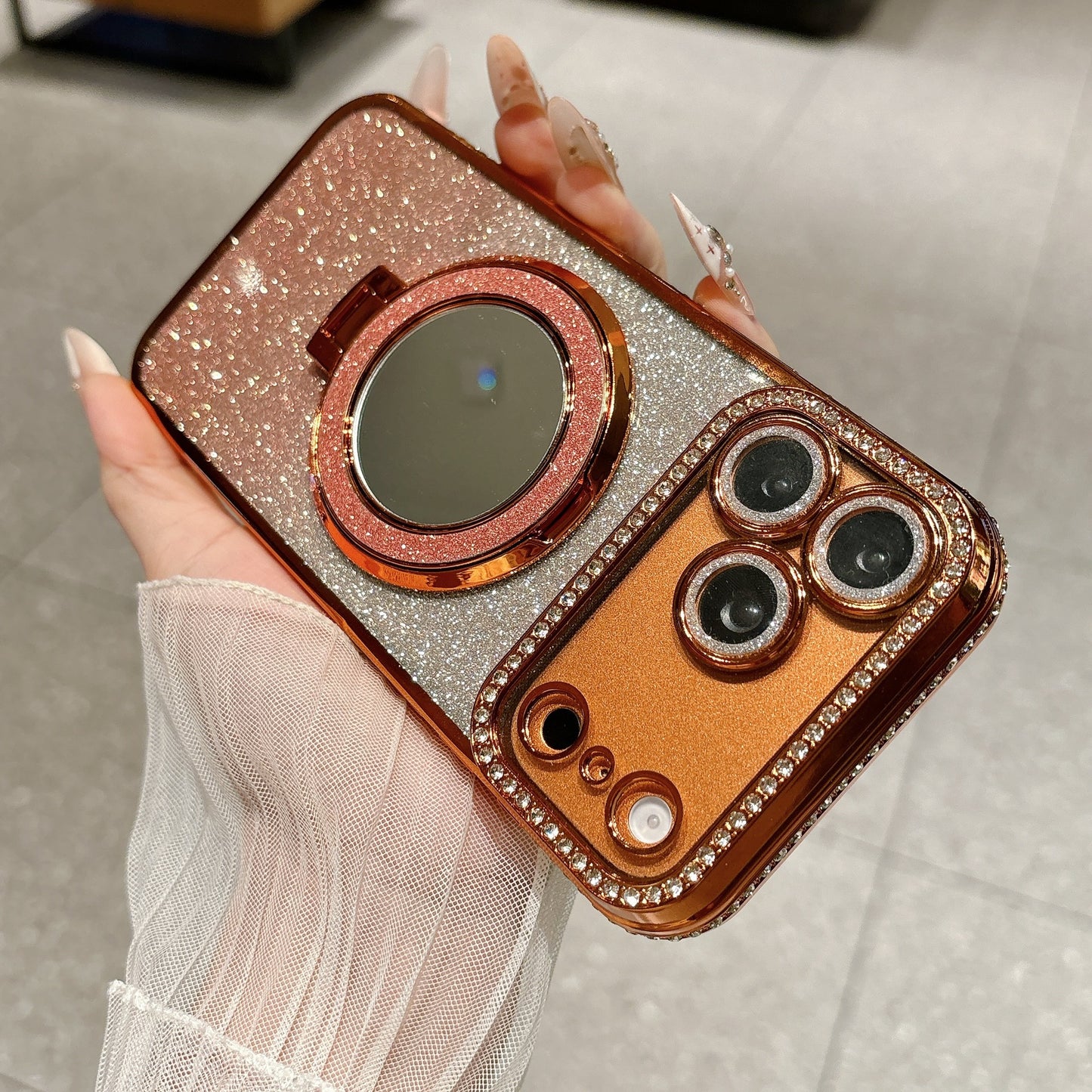 Glittered Rhinestone Makeup Mirror Magnetic Stand Apple Phone Case