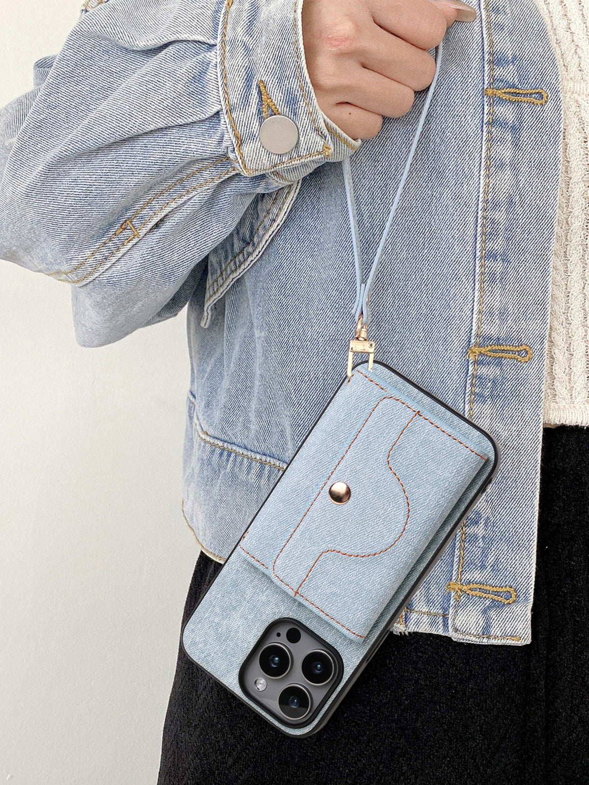 Denim-textured wristband card holder Apple phone case